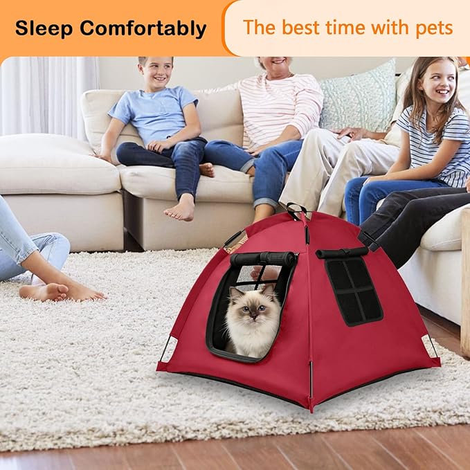 Portable Pet Tent with Full-Enclosure Zippered Mesh Door, Indoor & Outdoor Cat House for Safety & Ventilation, Cozy Nest for Cats, Puppies & Small Animals (Red)