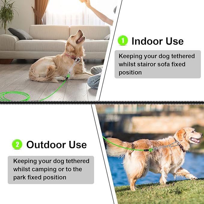 jenico Dog Tie Out Cable, 10/15/20/30/40/50/70/100/150FT Runner Cable with Swivel Hook and Shock Spring, Dog Leash Run Tether for Yard Outdoor and Camping,for Small to Medium Pets Up to 500 LBS