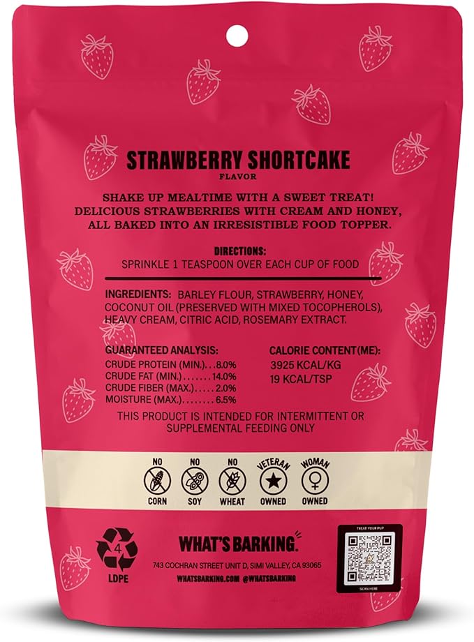 What's Barking Shakers Meal Toppers, Dog Treat Crumbles for Food Topping, Pet Essentials, Sprinkle Topper for Kibble or Wet Food, Made in USA, Resealable Bag, Strawberry Shortcake Flavor, 5 oz