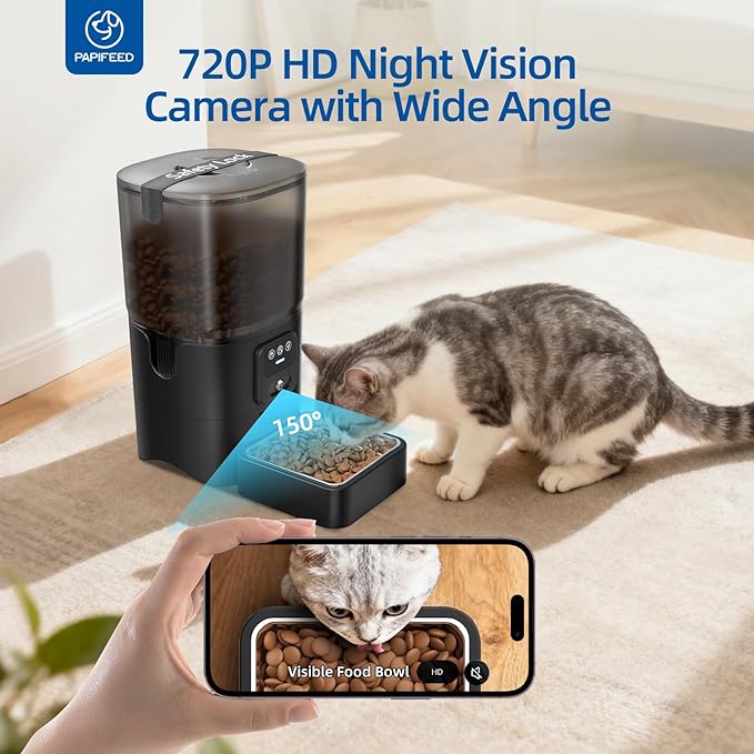 PAPIFEED Automatic Cat Feeder with 720p HD Camera & Night Vision, Two-Way Audio, 6L Smart Feeder with App Control via 2.4G WiFi, Easy Clean Detachable, Schedule 1-10 Meals/Day for Cats & Dogs - Black