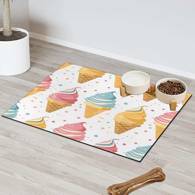 Ice Cream Dog Food Mat for Floors Absorbent Dog Bowl Mat for Food and Water Dispenser Quick Dry Cat Food Placemat Pet Supplies 12" x 20", Colorful Dot