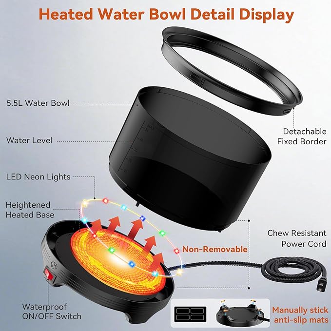 5.5L Heated Water Bowl, 1.45Gal Winter Large Heated Dog Bowls for Outside, Outdoor Waterproof Heat Pet Water Bowl with Chew Resistant Power Cord & LED Neon for Dogs/Cats/Chickens/Ducks