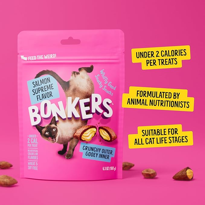 Bonkers Bites, Crunchy & Soft Salmon Supreme Flavor Cat Treats, Low Calorie Pet Treats, Training Treats or Food Topper, 3 OZ Resealable Bag for All Breeds and Ages, Value Pack (10 Pack)