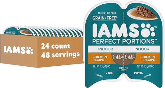 IAMS Perfect Portions Grain Free Wet Cat Food, Indoor Adult Cat Food Wet Cuts in Gravy, Chicken Recipe, (24) 2.6 oz. Twin-Pack Trays