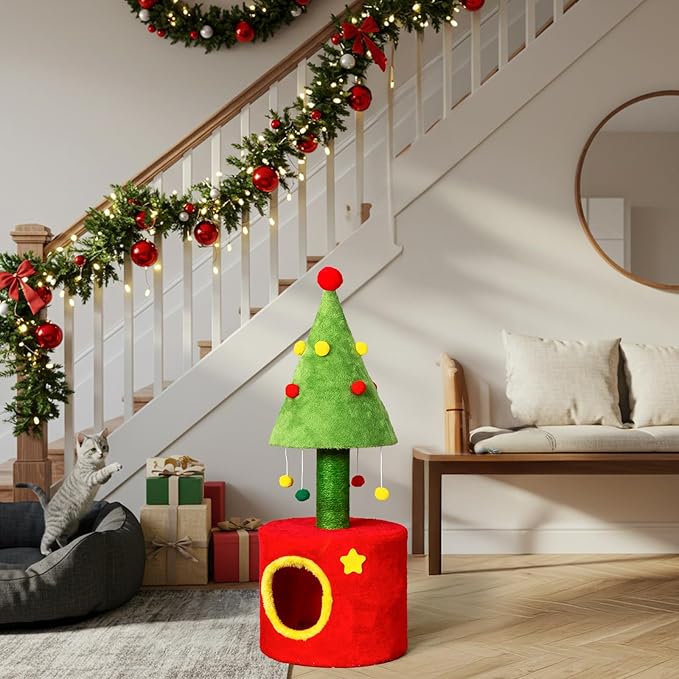 30in Cat Scratching Post with Cat House for Indoor Kitten, Small Cat Tree Tower with Sisal Post and Cute Hanging Balls, Red & Green