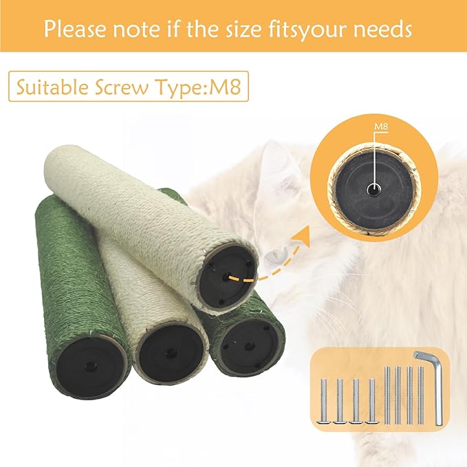 M8 Cat Scratching Post Replacement,4PCS Cat Tree Replacement Post 15.7 in Natural Sisal Kitty Scratcher Refill Poles DIY Scratch Tower Repair Pole for Kittens Furniture Spare Parts