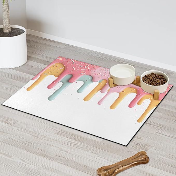 Ice Cream Dog Food Mat for Floors Absorbent Dog Bowl Mat for Food and Water Dispenser Quick Dry Cat Food Placemat Pet Supplies 24" x 32", Colorful Dessert