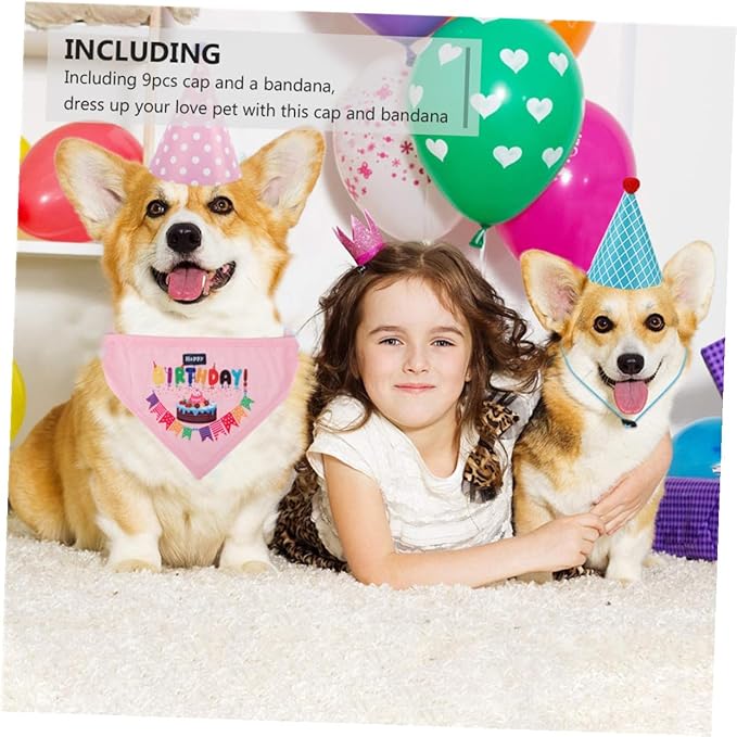 FRCOLOR Dog Birthday Hat and Bib Set, 9 Party Hats with 1 Saliva-Absorbent Bandana, Pet Birthday Decoration Supplies for Small to Medium Dogs Random Color
