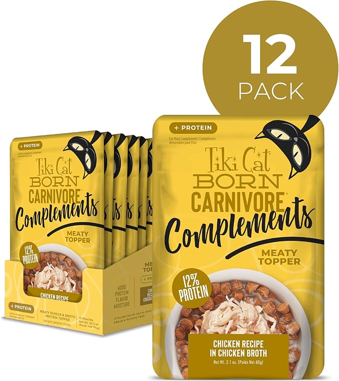 Tiki Cat Born Carnivore Complements Wet Cat Food Topper, Chicken, 2.1 oz. Pouch (12 Count)