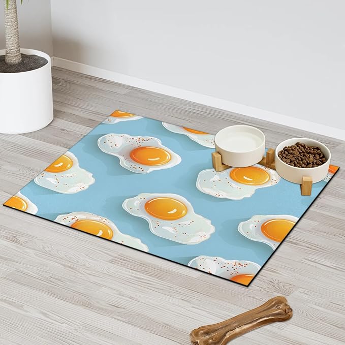 Cartoon Eggs Dog Food Mat for Floors Absorbent Dog Bowl Mat for Food and Water Dispenser Quick Dry Cat Food Placemat Pet Supplies 12" x 20",