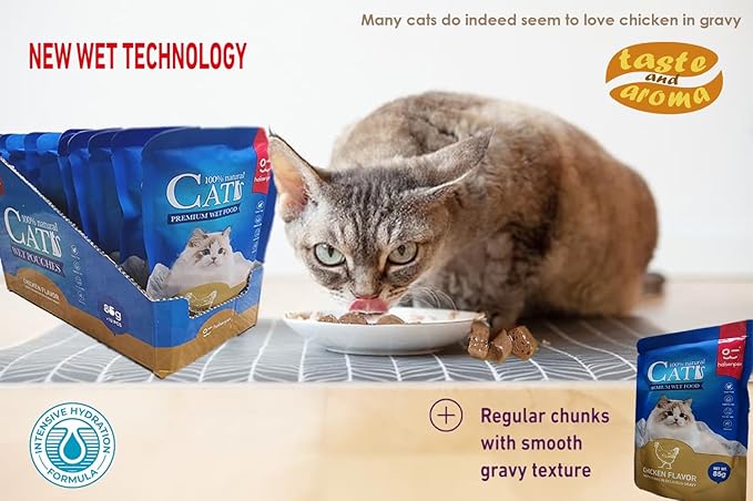 Cats Premium Wet Food 85g Pouch — Moist, Soft Cat Food Mixer, Topper and Rotational Meal (12-Pack, Chicken)