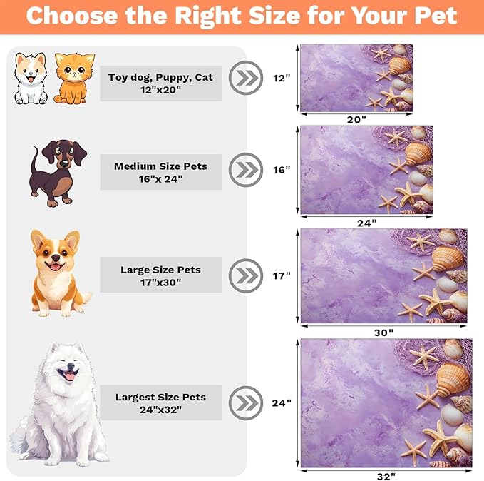 Starfish Shell Dog Food Mat for Floors Absorbent Dog Bowl Mat for Food and Water Dispenser Quick Dry Cat Food Placemat Pet Supplies 17" x 30", Purple