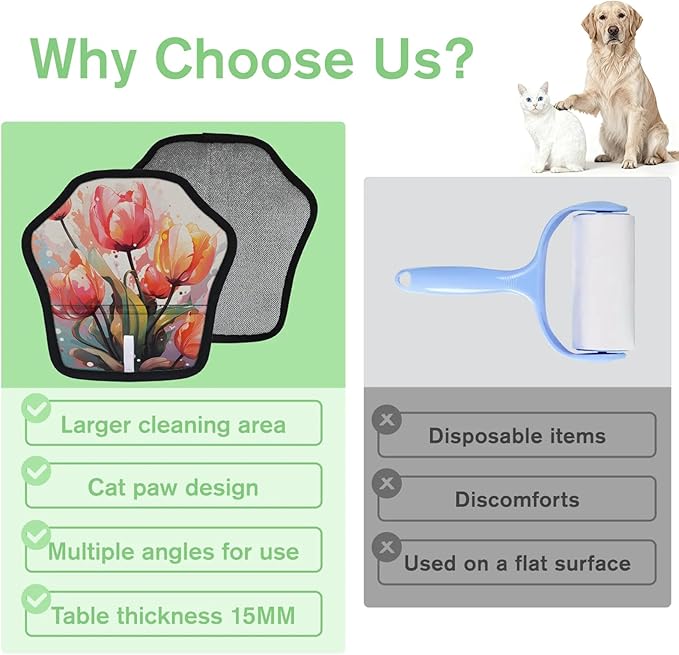 Reusable Pet Hair Removal Glove Watercolor Tulip Flowers Magic Brush for Cat & Dog Hair Remover for Car, Sofa, Bedding, Clothes - 9x9 Mitt Washable