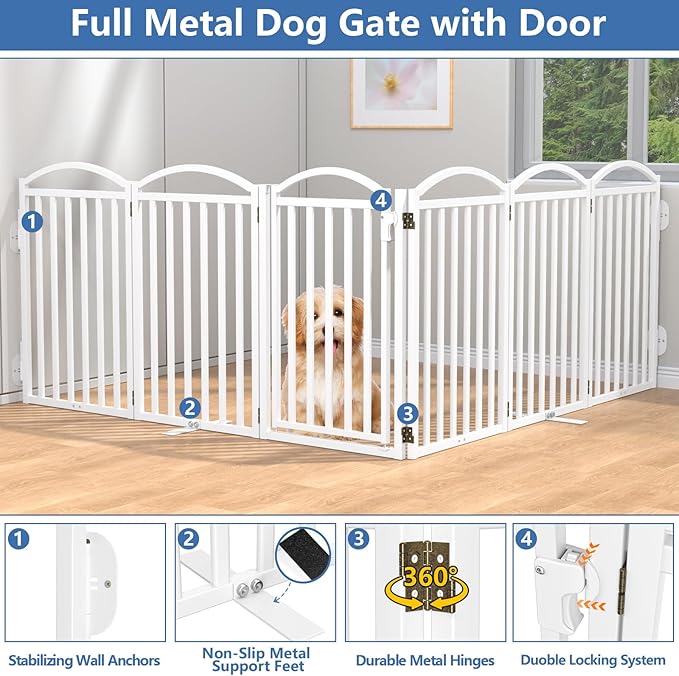 Malier Metal Freestanding Dog Gates with Door, 32'' Height Outdoor Indoor Dog Fences, Extra Wide Foldable Puppy Gate for Stairs (White, 【6 Panels with Door】 120''W × 32''H)
