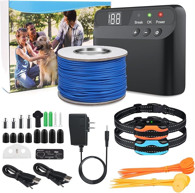 PcEoTllar Electric Fence for Dogs, Underground Dog Fence System, 2 Waterproof Rechargeable Receivers, with 656Ft Underground/Aboveground Boundary