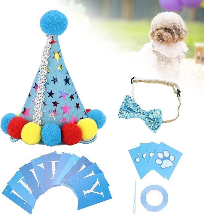 Dog Birthday Hat and Bow Tie Set, Adjustable Soft Pet Party Supplies, Cute Birthday Decorations with Banner for Small Medium Dogs, Washable Polyester Cotton Fabric (Blue)