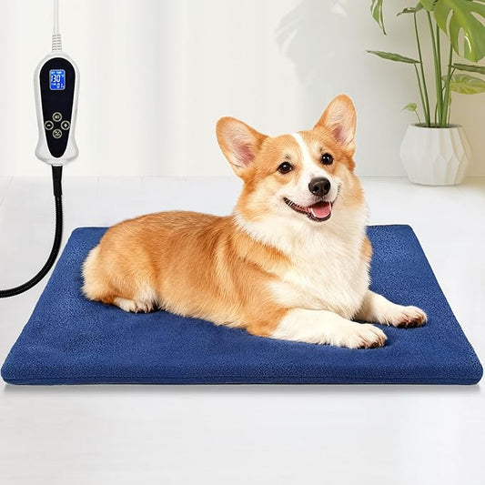Bestio Cat Heating Pad, 22×18 in Heating Dog Bed Suitable for Medium and Small Pets, Adjustable Thermostat+Constant ON Function with Plush Cover - Blue