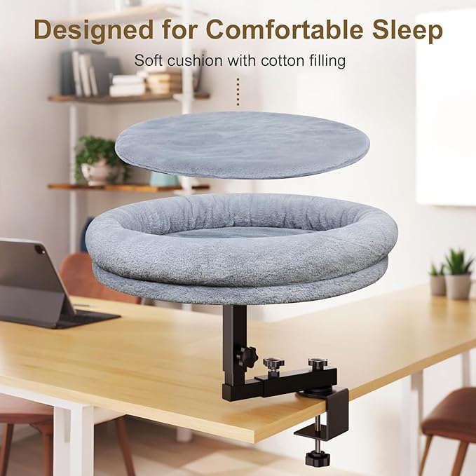 Large Cat Desk Bed, 360°Rotating & Adjustable Shelf, 18" Thickening Cat Bed for Desk, Soft Faux Fur with Mat, Suitable for Various Desktops - Maximum Hold Up to 50lb (Dark Gray)