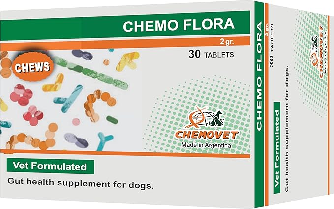Chemo Flora Probiotic and Prebiotic Supplement for Dogs and Cats, Digestive Health Support, Palatable Tablets, 1g, 30 Count