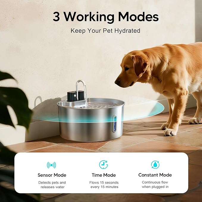 Voluas Dog Water Fountain: 1.8Gal/7L Wireless Stainless Steel Dog Fountain Bowl for Small to Large Dogs, Battery Operated Pet Water Dispenser Indoor with Ultra-Quiet Pump, Easy Clean BPA-Free