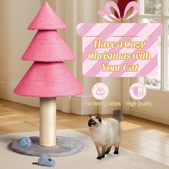 31.5in Christmas Tree Cat Scratcher, Cat Scratching Post for Indoor Cats, Large Sisal Cat Scratching Tree Cat Scratch Tower (Pink)
