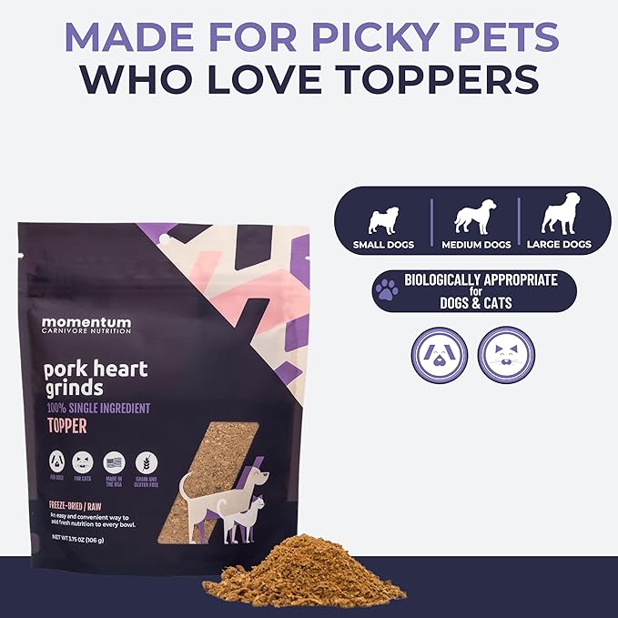 Momentum Carnivore Nutrition Freeze-Dried Pork Heart Pet Food Topper – Single-Ingredient, All-Natural Topper – High-Protein for Dogs and Cats, Grain-Free and Made in The USA– (3.75 oz Bag)