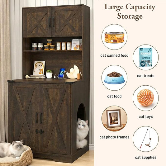 71Inches Tall Cat Litter Box Enclosure for Cats W/Power Outlets,Open Shelves.Wooden Pet Washroom Furniture W/Locks,Cabinet.White Indoor Cats House,Hidden Cat Litter Box for Living Room,Bedroom