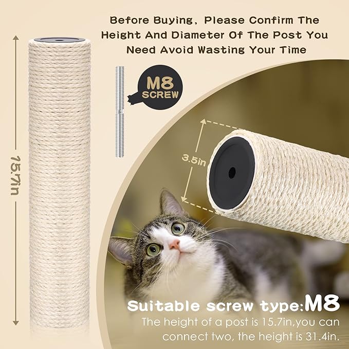 6 Pack Cat Scratching Post Replacement, 15.8 x 3.5 Inches Sisal Cat Tree Scratch Post Refill Pole Parts with M8 Screws, Spare Cat Furniture Accessories Scratcher Posts for Kittens Tree Tower