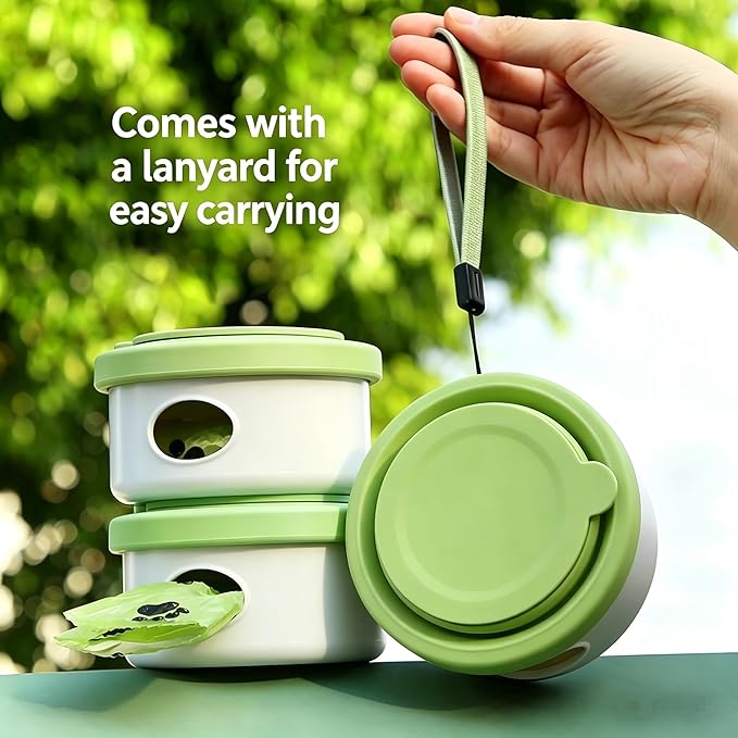 3-in-1 Portable Dog Travel Kit | Collapsible Silicone Feeding Bowl + 90ml Food Storage + Poop Bag Dispenser | Food-Grade Pet Walking Supplies with Biodegradable Bags for Outdoor, Hiking & Trips