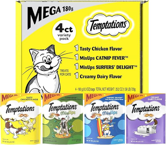 Temptations Cat Treats Classic Crunchy and Soft Cat Treats Variety Pack, 6.3 oz. Pouches (Pack of 4)