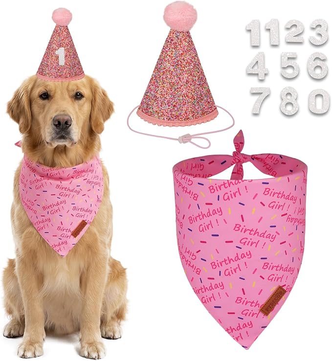 PTDECOR Dog Birthday Party Supplies, Pink Birthday Girl Bandana, Glitter Dog Birthday Hat with Numbers for Large X-Large Dogs Pets (X-Large)