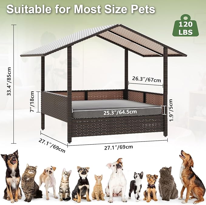 Waleaf Wicker Dog House Outdoor Indoor with Canopy and Removable Cushion, Elevated Rattan Dog Bed Shelter for Small/Medium Dogs, Weather Proof Cushion Cover Pet Cabana for Patio, Deck, Pool, Yard