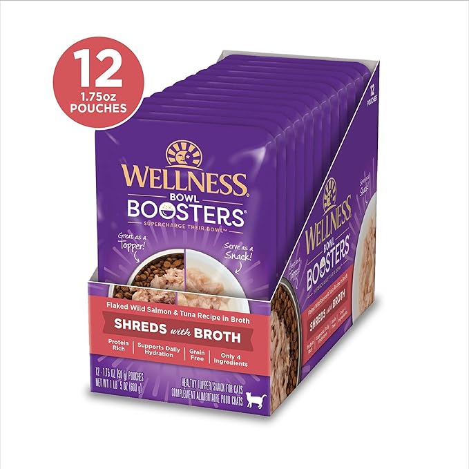 Wellness Bowl Boosters Wet Cat Food Topper, Grain Free, Natural, Flaked Salmon & Tuna Recipe in Broth, 1.75 Ounce Pouch (Pack of 12)