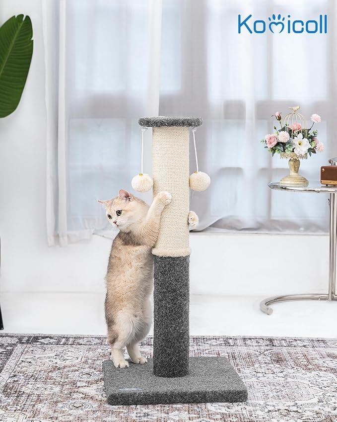 34-Inch Tall Cat Scratching Post for Indoor Cats, Komicoll Large Scratch Post, Sisal Cat Scratcher, Sturdy and Durable Cat Post with Hanging Ball