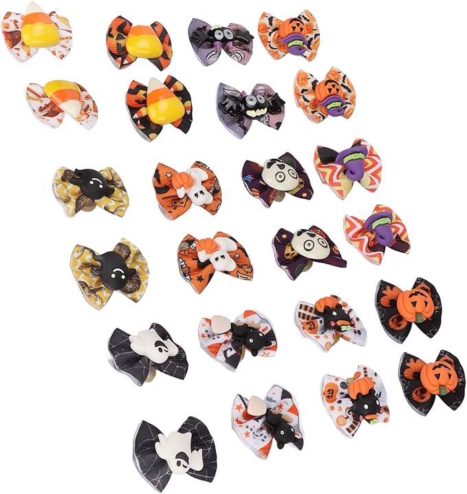 Dog Halloween Stylish Handcrafted Grooming Bows 24Pcs for Pet Cats Dogs, Polyester Material Halloween Patterns Cat Dog Hair Bows for Party Supplies