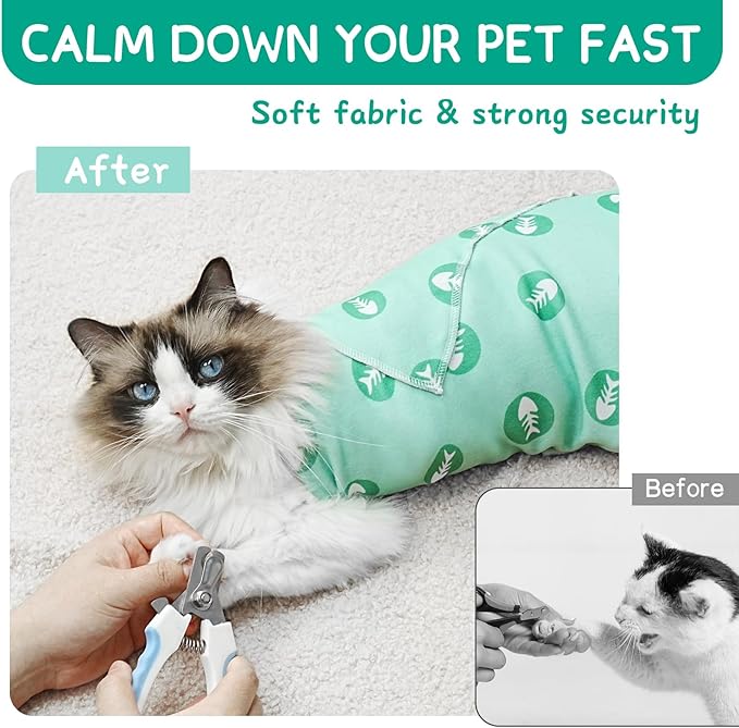 Cat Wrap for Cutting Nails, Self-Adhesive for Grooming, Anti-Scratch Cat Swaddle Wrap for Medicine, Nail Clipping, Teeth Brushing, Ear Cleaning