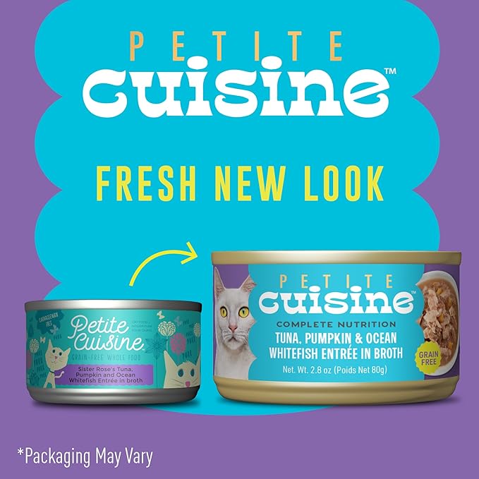 PETITE CUISINE Whole Foods Wet Cat Food, Tuna, Pumpkin & Ocean Whitefish Entree in Broth, 2.8 oz. Can (24 Count)