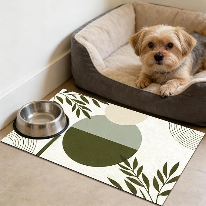 GLOBLELAND Bohemia Leaves Pet Food Mat for Floors 11.8×20 inch Dogs Food Mats Absorbent Dog Bowl Mat Quick Dry Dog Cat Pet Placemats Pets Supplies for Water Dispenser