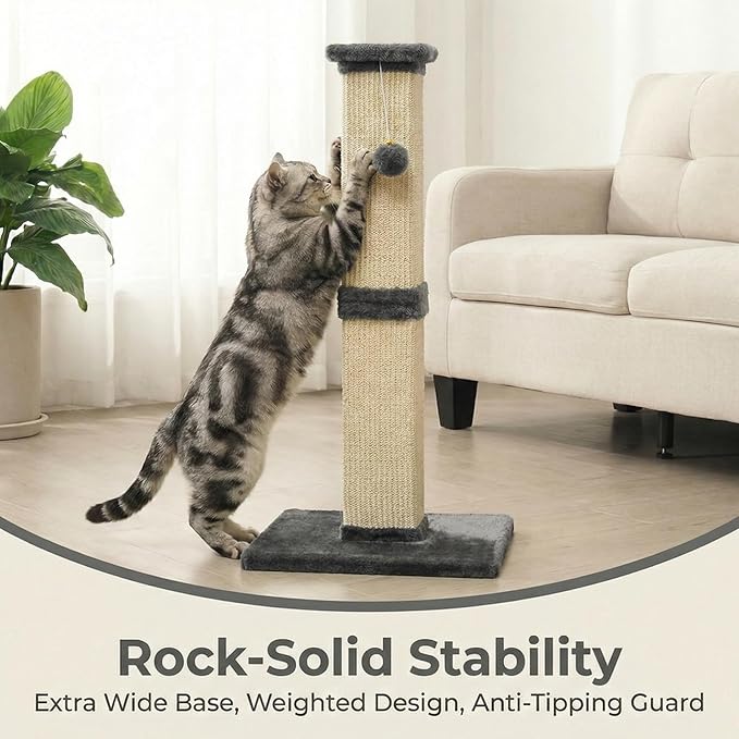 Tall Cat Scratching Post, 32'' Heavy Duty and Thick Scratching Post, Scratching Post for Adult Cats, Thick Sisal Rope with Hanging Ball, Grey