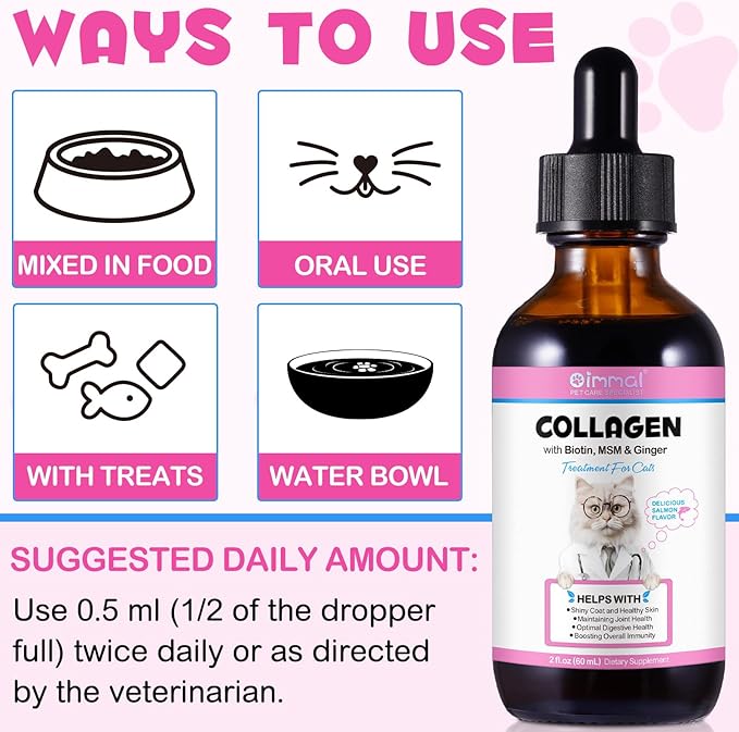 Collagen for Cats 2 fl.oz, Liquid Collagen for Cats Drops, Premium Grass-fed Collagens for Cat Skin and Coat Supplement, Itch Relief for Cat with Allergies Immunity, with Bovine Collagens, Biotin, MSM