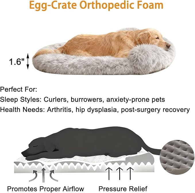 Calming Dog & Cat Beds for Small Medium Dogs Cats, Anti-Anxiety Plush Pets Lounge Orthopedic Cushion, Soft Fluffy Faux Fur Washable Fits up to 25 lbs Pets (Oval, Marble Grey 26"x20")