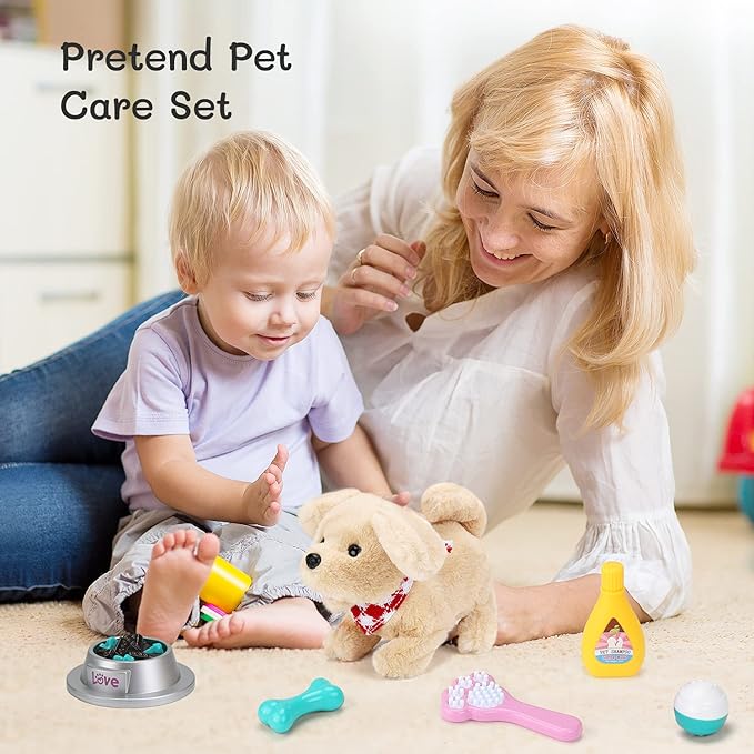 Pet Care Play Set Electric Vet Play Set-Walking ,Barking,Tail Wagging Little Plush Dog Grooming Toys with Puppy Carrier Feeding Dog Educational Toys for Toddler Kids