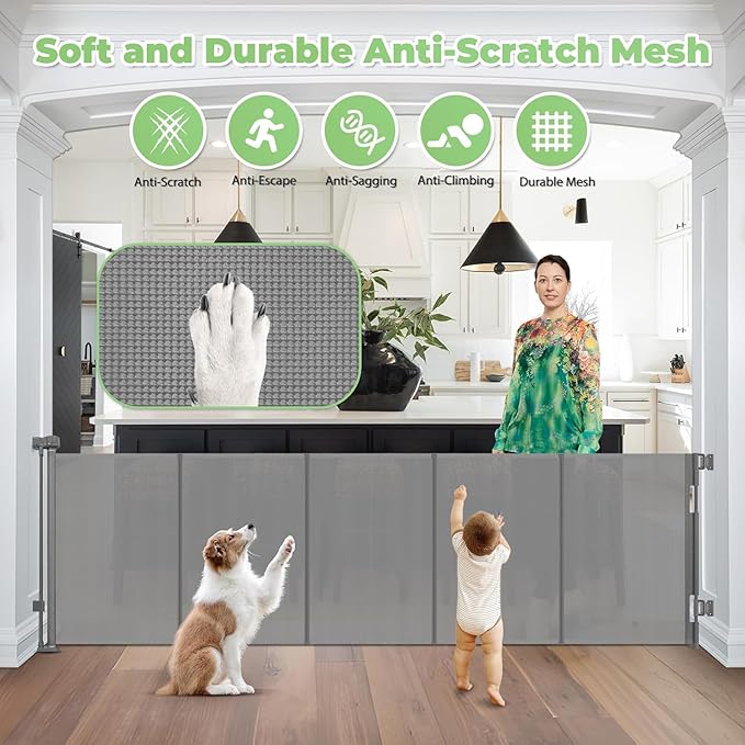 Reinforced 120" Extra Wide Retractable Baby Gate with Support Rods – Prevent Crawling Under, 10 Foot Extra Long Dog Gate Large Baby Gate for Large Openings, Mesh Gate Retractable Pet Gate, Gray