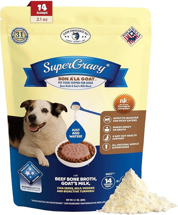 CLEAR CONSCIENCE PET® Bon A' La Goat™ SuperGravy® Natural Dog Food Gravy Topper, Hydration Broth Mix, Gluten and Grain Free Kibble Seasoning Powder Topper for Picky Eaters (2.1 oz. (14 Scoop))