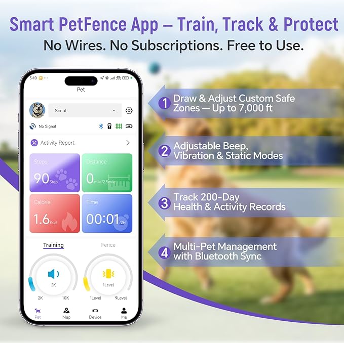 GPS Wireless Dog Fence – with Dog Collar & Free App, Custom GPS Fence, Beep/Vibration/Static Modes, IP67 Waterproof, Long Battery Life, for Dogs 10–120 lbs