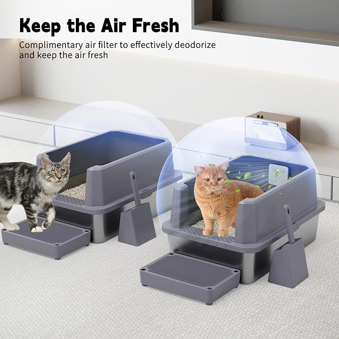 RIZZARI Stainless Steel Litter Box: Gray Leakproof Open Top Tray - Teflon Non-Stick Coating - Large Size Odor Control for Cats Under 20 lbs - with Deodorizer - 2 Pack - for Laundry Room Restroom