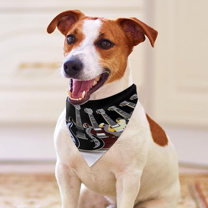 Dog Bandana Spring Pet Scarf Adjustable Triangle Electric Guitar Printing Dog Bib Washable Polyester Puppy Bandana for Small Medium Large Dogs Cat Birthday Party Supplies