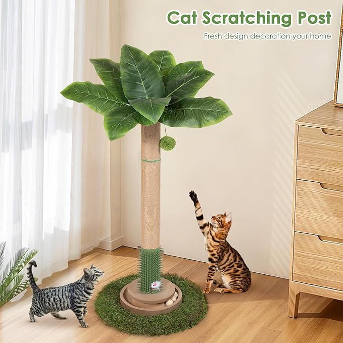 Cat Scratching Post, 35 Inch Tall Cat Scratcher Cat Tree Tower with Hanging Ball for Indoor Cats Adults,Canna Lily Leaf,Sisal Rope Kitten Scratch with Interactive Mouse Cat Toy