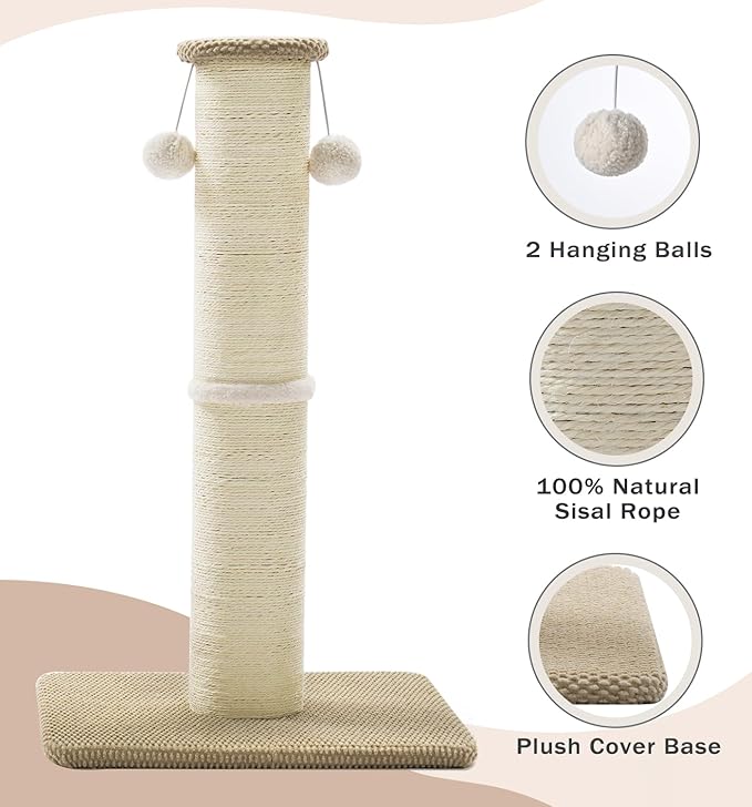 Made4Pets Tall Cat Scratching Post, 33" Natural Sisal Cat Scratcher with Hanging Balls, Heavy Duty and Thicker Scratching Post for Indoor Cats Adults, Sturdy Base Cat Scratch Post, Beige