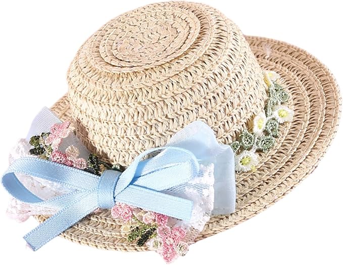 Pet Straw Hat Outdoor Sunbonnet Supplies Flower Lace Puppy with Ribbon Bow Flower Pet